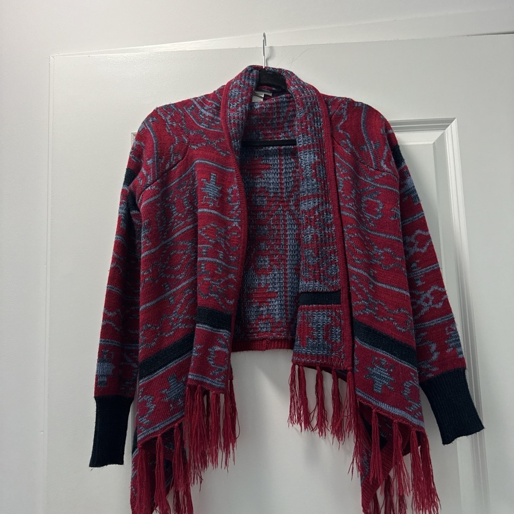 Belle Du Jour Red and Blue Fringed Cardigan Sweater